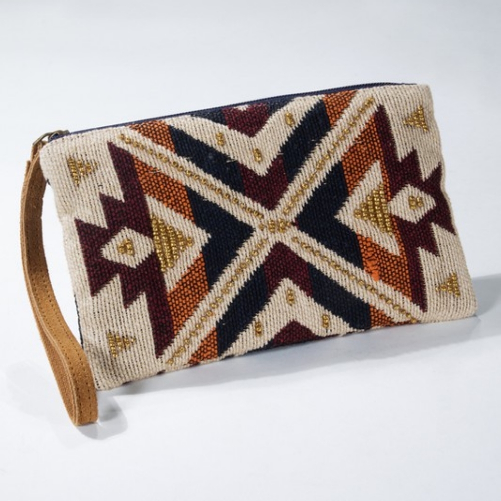 Handmade Hand Beaded Wristlet Clutch - Ethnic Tribal Inspired Design - Yarn Dyed - Picture 2 of 7